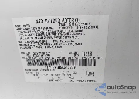 2019 Ford Taurus Sel z USA, uszkodzony, nr VIN 1FAHP2E86KG102590